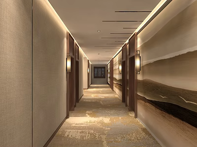 Modern Elevator Hallway With Warm Lighting Wooden Panels And Patterned Carpet 3d model