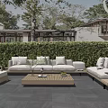 Modern Outdoor Sofa Set With Wooden Coffee Table And Green Plant Backdrop