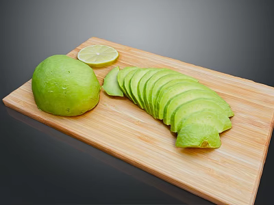 Fresh Avocado Whole and Sliced with Lime on Wooden Cutting Board 3d model
