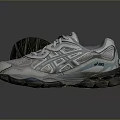 Gray And Blue Sports Shoes Design With Treaded Sole Laced Upper And Brand Logo