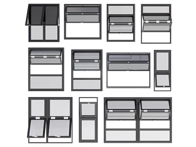 Different Types Of Window Frames With Glass Panels And Opening Styles 3d model