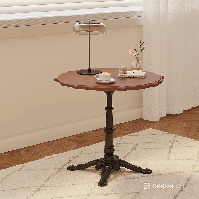Elegant Retro Scalloped Wooden Side Table With Ornate Cast Iron Base For Cozy Home Decor 3d model 