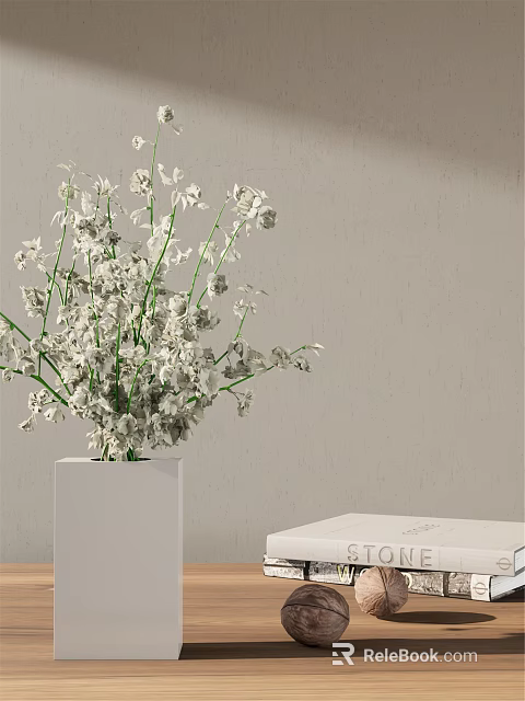 White Square Vase With White Flowers Against Light Colored Wall And White Box 3d model 