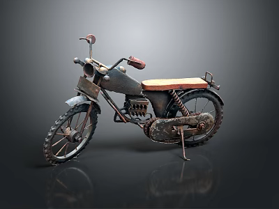 Vintage Motorcycle With Brown Seat Rustic Metal Body And Large Tires 3d model