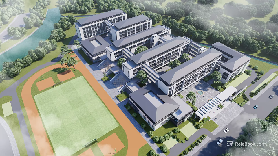 Modern School Campus Buildings With Green Playground Lush Trees And Parking Area 3d model 