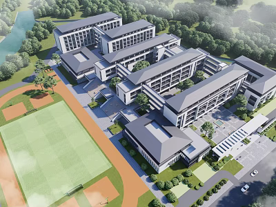 Modern School Campus Buildings With Green Playground Lush Trees And Parking Area 3d model