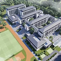 Modern School Campus Buildings With Green Playground Lush Trees And Parking Area