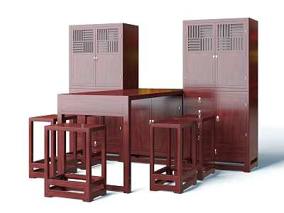 Dark Wooden Bar Counter With High Stools And Storage Cabinets Interior 3d model