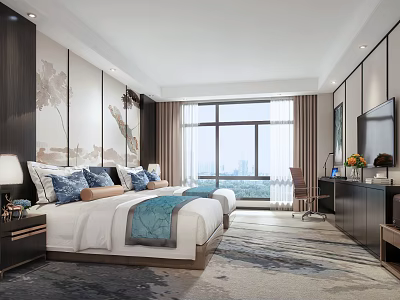 Modern Hotel Room Interior Design With King Bed City View And Decorative Wall Art 3d model