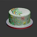 White Round Cake With Colorful Rainbow Flower Paisley Designs And Red Border On Reflective Plate