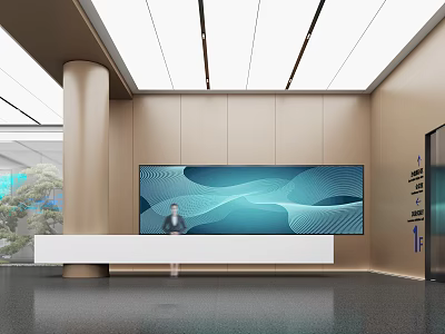 Sleek Bright Modern Office Reception Area With Large Digital Display And Virtual Intelligent Receptionist 3d model