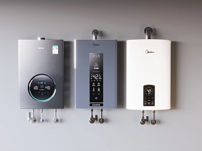 Three Different Colored Midea Kitchen Appliances Wall Mounted Water Heaters With Digital Displays 3d model