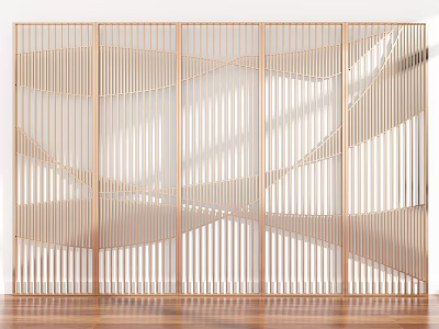 Elegant Modern Slatted Room Divider With Brass Curved Lines And Geometric Patterns 3d model