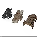 Antique Wooden And Metal Carts With Log Loaded Design On White Background