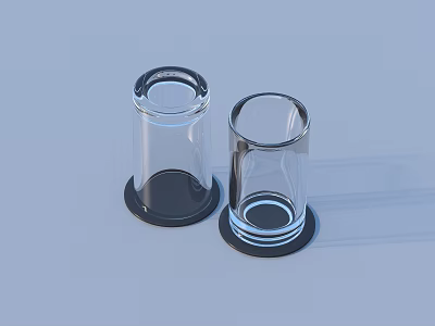 Two Transparent Glass Cups With Black Bases On Light Blue Background 3d model