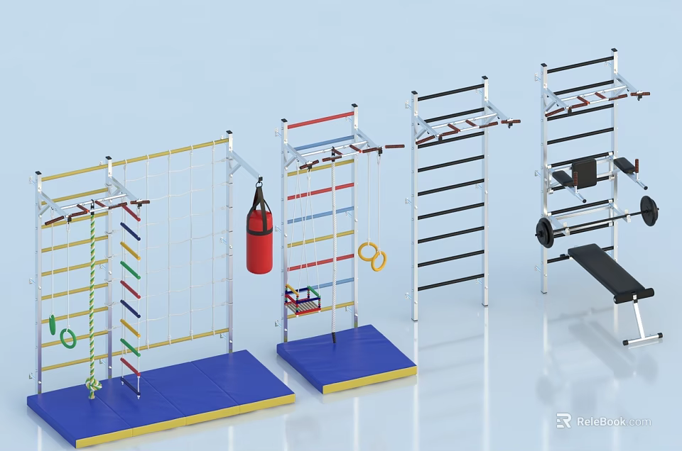 Sports Equipment Collection Featuring Climbing Frame Punching Bag Rings Pull Up Bars And Training Bench 3d model 