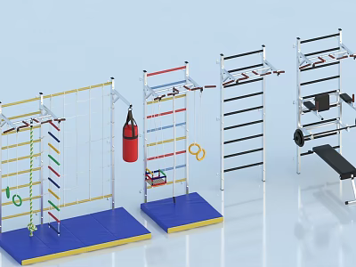 Sports Equipment Collection Featuring Climbing Frame Punching Bag Rings Pull Up Bars And Training Bench 3d model