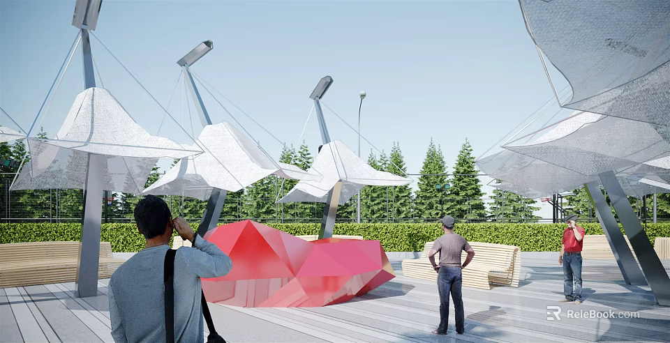 Tensile Membrane Structures In Outdoor Plaza With Green Trees Red Geometric Sculpture And People 3d model 