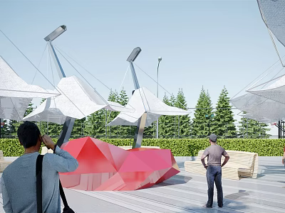 Tensile Membrane Structures In Outdoor Plaza With Green Trees Red Geometric Sculpture And People 3d model