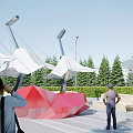 Tensile Membrane Structures In Outdoor Plaza With Green Trees Red Geometric Sculpture And People