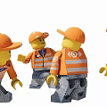 LEGO Construction Workers In Orange Hard Hats And Reflective Vests At Construction Site