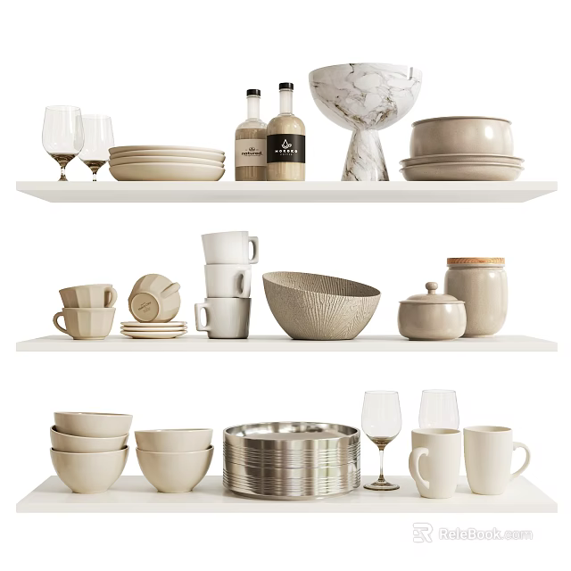 Stylish Tableware Set Display Featuring Bowls Cups Plates And Glasses 3d model 