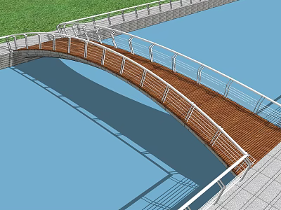 Modern Wooden Bridge with White Railings Spanning Over Blue Water Near Green Grass and Sidewalk 3d model