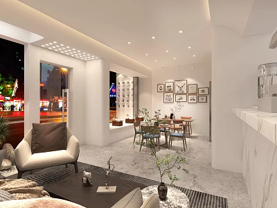 Modern Bubble Tea Shop Interior With Cozy Seating Marble Counter Wall Art And Green Plants 3d model