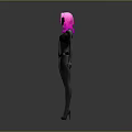 A woman with pink hair wearing black bikini standing against gray background