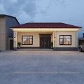 Detached House With Red Roof Yellow Exterior Wall Black Front Door Front Windows And Parked Car