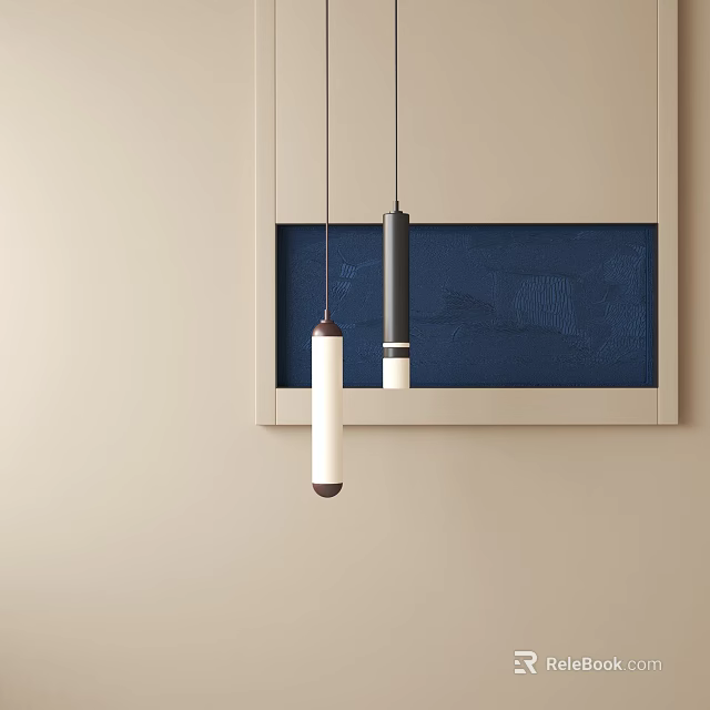 Modern Interior Featuring Two Pendant Lights Over Blue Panel And Beige Wall 3d model 