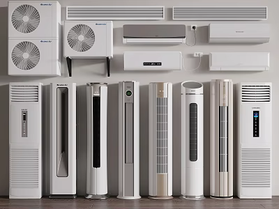 Various Modern Air Conditioners and Fans in Different Designs and Sizes 3d model