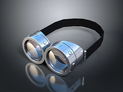 Silver Metallic Protective Goggles With Black Strap And Round Lenses Design 3d model