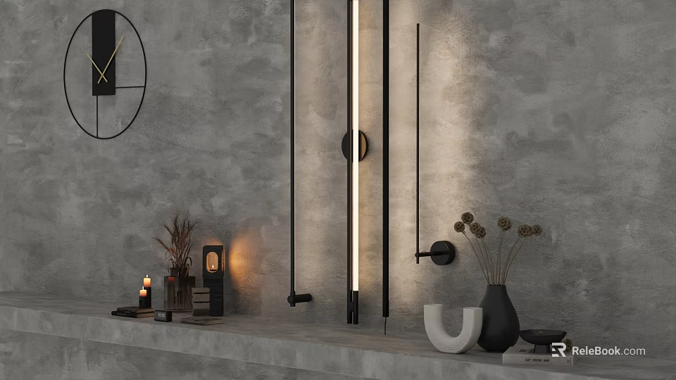 Modern Wall Lamp With Sleek Design On Gray Wall And Decorative Vase 3d model 
