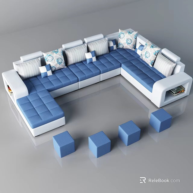 L shaped White and Blue Sectional Sofa with Patterned Cushions Storage Armrests and Blue Cube Stools 3d model