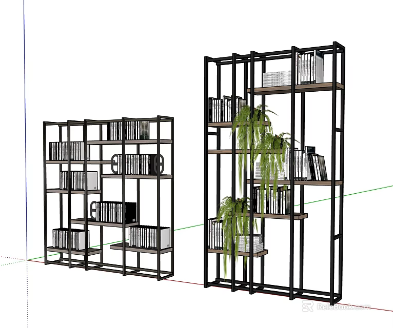 Modern Black Frame Bookcase With Multiple Shelves Books And Decorative Plants 3d model 