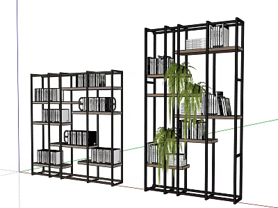 Modern Black Frame Bookcase With Multiple Shelves Books And Decorative Plants 3d model
