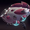 3D Rendered Rounded Dome Red White Spaceship With Transparent Cockpit Pilot Seat Blue Glowing Thrusters