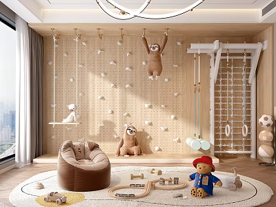 Modern Kids Playroom With Climbing Wall Swing Bean Bag And Toys 3d model