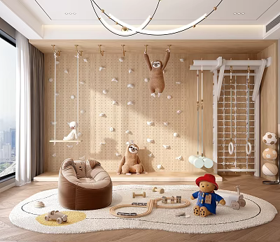Modern Kids Playroom With Climbing Wall Swing Bean Bag And Toys 3d model