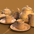 Cream Colored Tea Set With Teapot Teacups Saucers And Purple Floral Patterns
