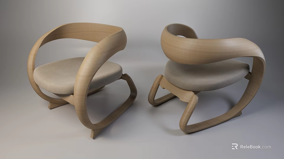 Two Modern Leisure Chairs With Curved Wooden Armrests And Light Gray Cushioned Seats 3d model 