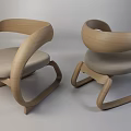 Two Modern Leisure Chairs With Curved Wooden Armrests And Light Gray Cushioned Seats
