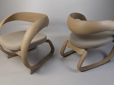 Two Modern Leisure Chairs With Curved Wooden Armrests And Light Gray Cushioned Seats 3d model