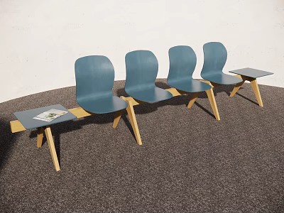 Four Blue Outdoor Chairs With Wooden Legs On Gray Ground And White Wall 3d model