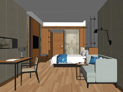 Modern Hotel Guest Room Interior With Comfortable Bed Sofa Work Desk And Wooden Flooring 3d model