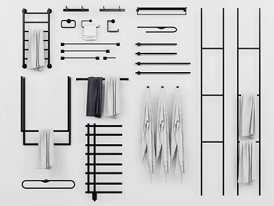 Modern Black Bathroom Racks With Towel Bars And Multi Tier Storage Shelves 3d model