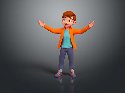Cartoon Boy In Orange Jacket Blue T Shirt Standing With Arms Outstretched Grey Background Reflection 3d model