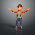 Cartoon Boy In Orange Jacket Blue T Shirt Standing With Arms Outstretched Grey Background Reflection