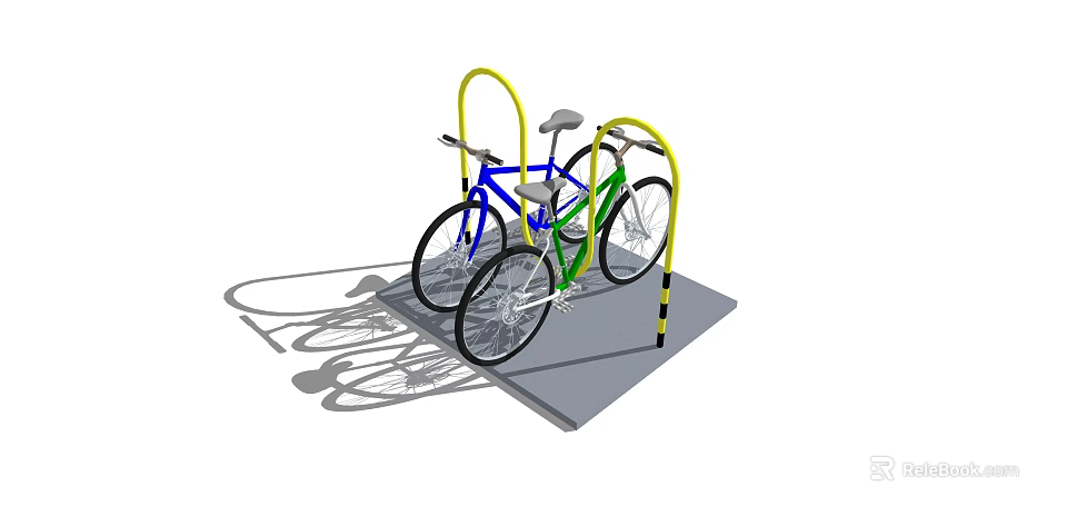 Outdoor Bicycle Rack With Yellow Frame Holding Blue And Green Bikes On Platform 3d model 